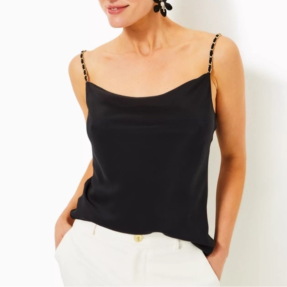 Lilly Pulitzer Tops - NWT Lilly Pulitzer Axler Bias Silk Cami Black - Noir Gold Chain Straps Size 6
